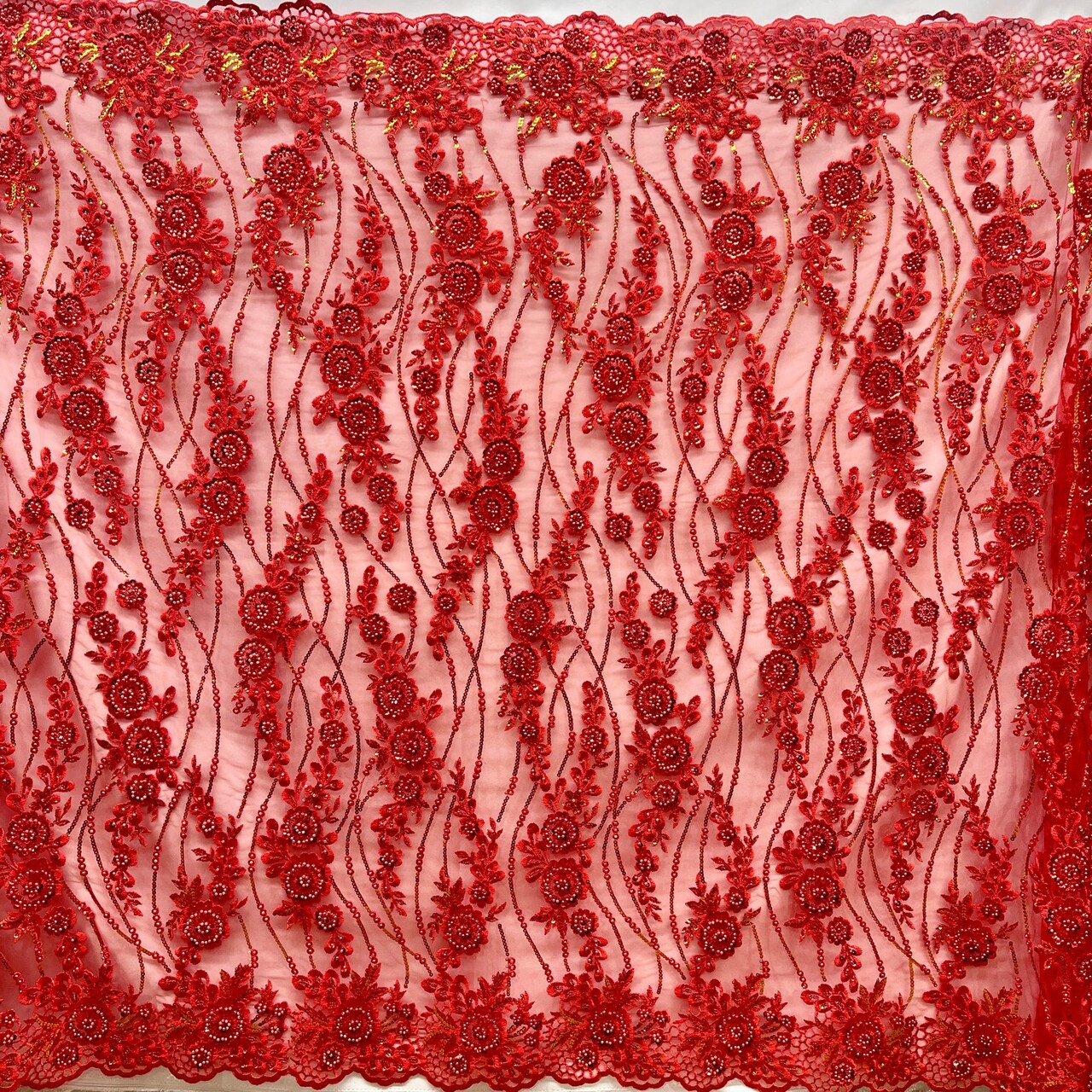 1 Yard Glamorous Rust Beaded Sequined Floral Lace Fabric on Net Mesh 53 inch Width